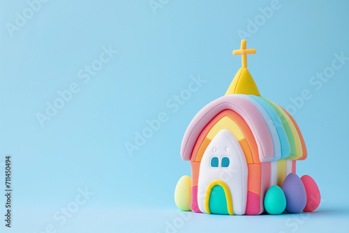 Colorful Soft Toy church building with Easter egg for baby and toddler bible religion gift or marketing for children's ministry classes and Easter school with yellow cross, aqua blue pink peach orange