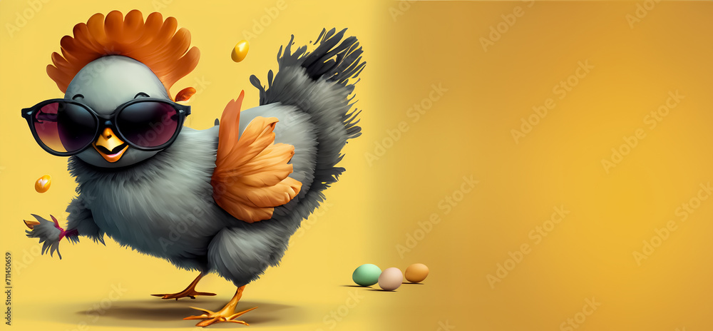 Naklejka premium Banner eines lustigen Huhns, das bunte Ostereier gelegt hat auf gelbem Hintergrund