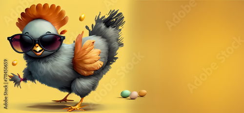 Banner eines lustigen Huhns, das bunte Ostereier gelegt hat auf gelbem Hintergrund photo