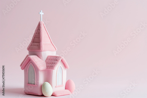 Soft Toy church with Easter eggs for baby and toddler bible religion gift or marketing for children's ministry, classes and Easter school festival ceremony, plushie is pink white for baby girl nursery
