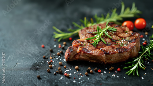 Beef Rump Steak Grilled Medium Rare with Pepper and Rosemary. Foodie restaurant table banner background with copy space, ideal for showcasing delectable dishes and culinary experiences. photo
