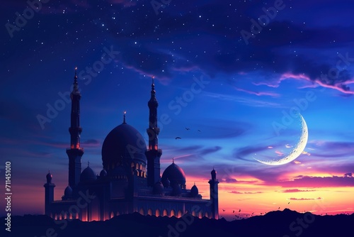 Islamic symbols and celebrations on twilight sky background © darshika