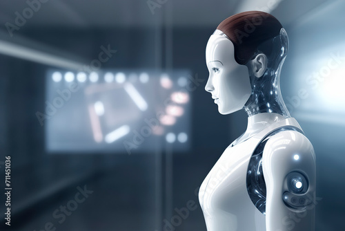 A humanoid woman robot in a sleek corridor, observing a holographic interface, reflecting a futuristic and atmospheric setting, ai generative