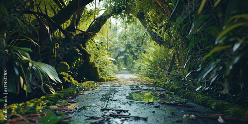 Empty wide abandoned jungle path with fallen trees.Road is covered in moss  ivy  jungle plants. Adventure. Generative AI