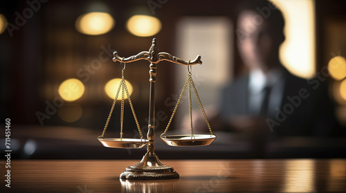 balanza de la justicia de color dorado apoyada en una mesa de madera, sobre fondo desenfocado de una sala del juzgado con una persona trabajando photo
