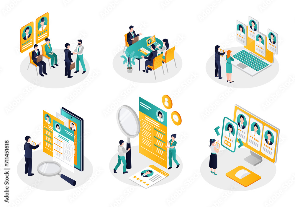 Recruiting agency isometric 6 mini-composition set Recruiting agency isometric 6 mini-composition set