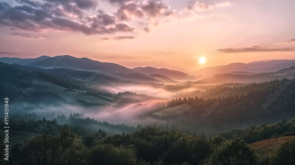 Mountain sunrise, with the soft light of dawn painting the landscape in gentle pastels, as morning mist weaves through the valleys, good morning, inspirational, breath of fresh air