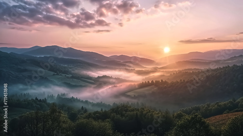 Mountain sunrise, with the soft light of dawn painting the landscape in gentle pastels, as morning mist weaves through the valleys, good morning, inspirational, breath of fresh air