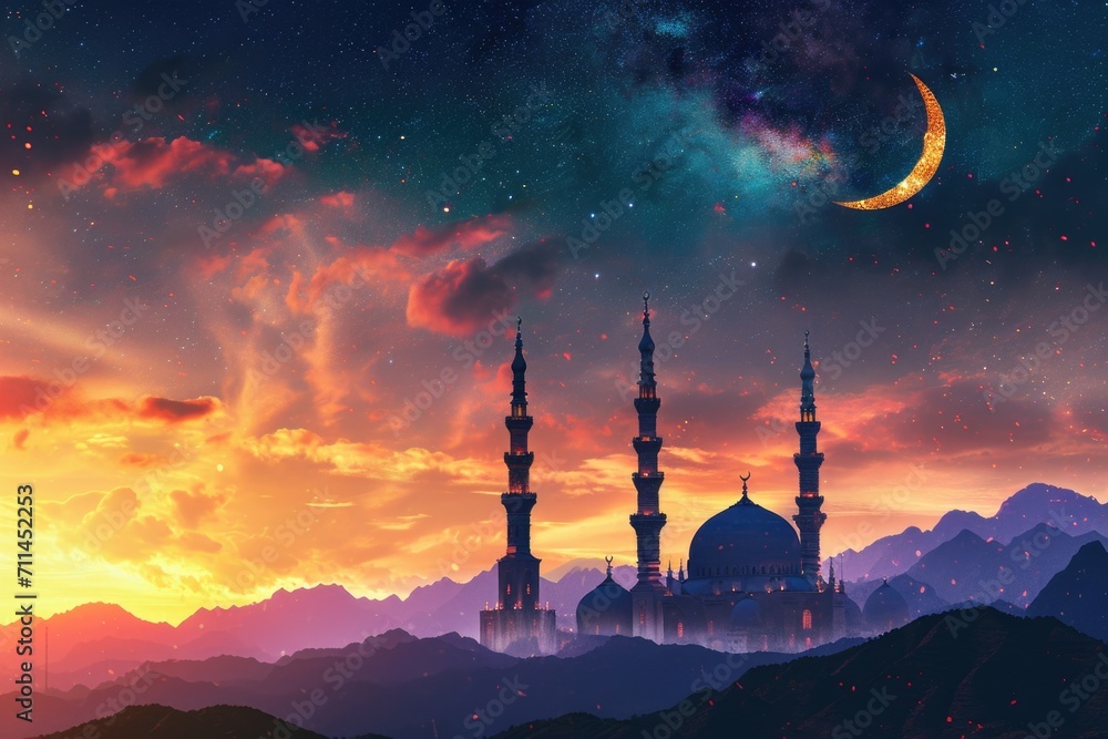 Ramadan background with mosque and Quran revealed.
