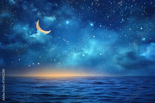 Ramadan Kareem background with crescent and stars above sea.