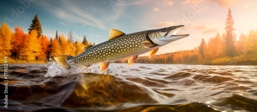 northern pike (Esox lucius) jumping from the water in a river photo