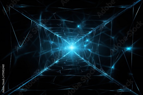 Abstract spider web like digital glass frame with glow, on black background, empty copy space Generative Ai