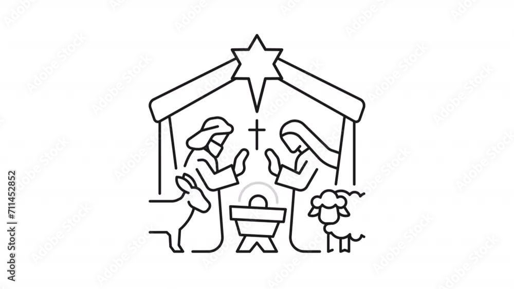 Nativity line animation. Holy night animated icon. Birth of Jesus Christ. Christmas story. New testament. Black illustration on white background. HD video with alpha channel. Motion graphic Nativity line animation. Holy night animated icon. Birth of Jesus Christ. Christmas story. New testament. Black illustration on white background. HD video with alpha channel. Motion graphic