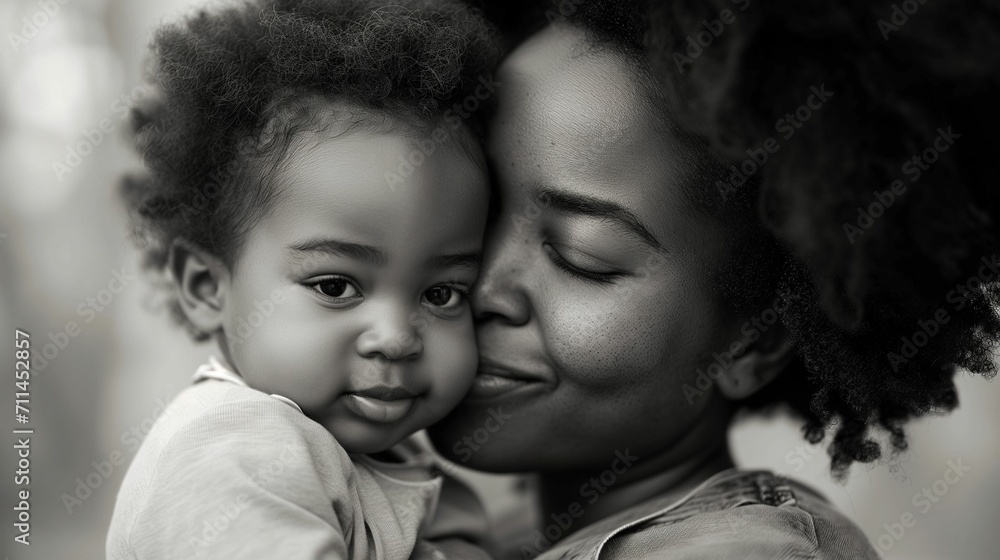 Black Mother Tenderly Holds and Cuddles her Little Child - Heartwarming Embrace in Black and White Photography Black Mother Tenderly Holds and Cuddles her Little Child - Heartwarming Embrace in Black and White Photography