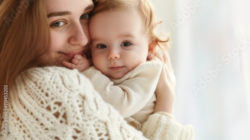 Happy Mother Holding Child in Her Arms Against White Background - Pure Maternal Bliss