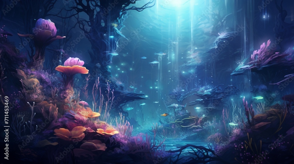Fototapeta premium An ethereal underwater garden teeming with bioluminescent marine plants, vibrant corals, and mystical sea creatures - Generative AI