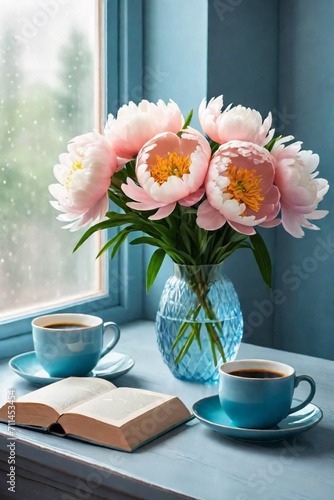 Wallpaper Mural Peach color peony flowers in blue vase and cup of coffee esthetic view Torontodigital.ca