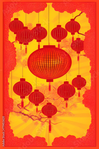 Golden Traditional Chinese new year card art with red asian oriental lanterns hanging from trees in the temples and gardens Illustration