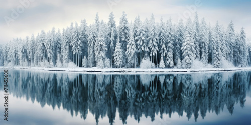 Rows of pines in snow on the lake edge. Serene winter landscape. Generative AI