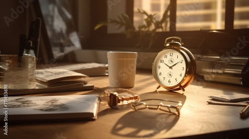 An evocative scene featuring a watch on a desk surrounded by work-related items, emphasizing the role of time management in productivity - Generative AI