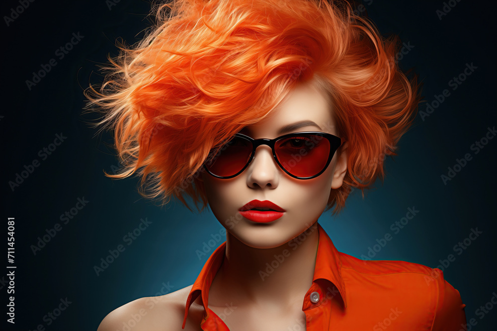 Fashion Vibrant Fusion: A Visionary Model Woman With Electric Orange Hair and Chic Sunglasses