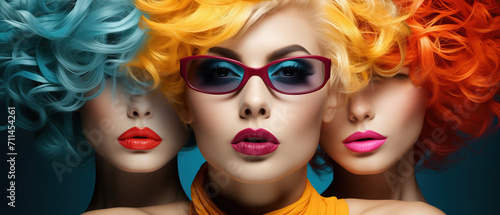 Vibrant and Daring, A Kaleidoscope of Beautiful Fashion Model Women With Colorful Hair and Chic Sunglasses