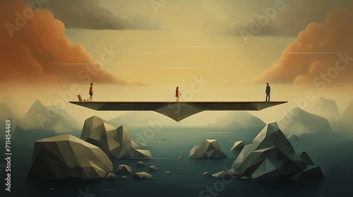An illustration depicting a seesaw perfectly balanced horizontally, with figures on either end representing the concept of equilibrium and balance - Generative AI photo