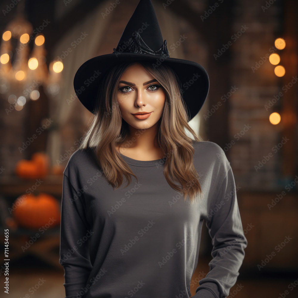 A beautiful girl wearing a blank gunmetal sweatshirt, dark gunmetal sweatshirt color, and a witch hat, focus on gunmetal tshirt, Carnival halloween background A beautiful girl wearing a blank gunmetal sweatshirt, dark gunmetal sweatshirt color, and a witch hat, focus on gunmetal tshirt, Carnival halloween background