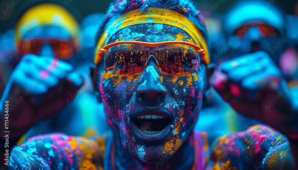 Close-up of marathon, people covered with colored powder. - obrazy, fototapety, plakaty 