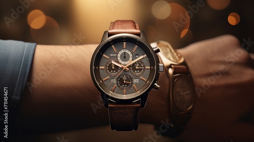 An impactful banner showcasing a modern wristwatch on a successful individual's wrist, with background elements representing various life milestones - Generative AI photo