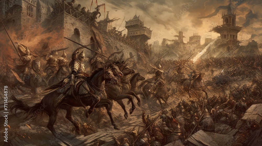 An intricate and grand-scale battle scene showcasing armies, mythical creatures, and complex battle formations in a vivid and detailed medieval or fantasy setting - Generative AI An intricate and grand-scale battle scene showcasing armies, mythical creatures, and complex battle formations in a vivid and detailed medieval or fantasy setting - Generative AI