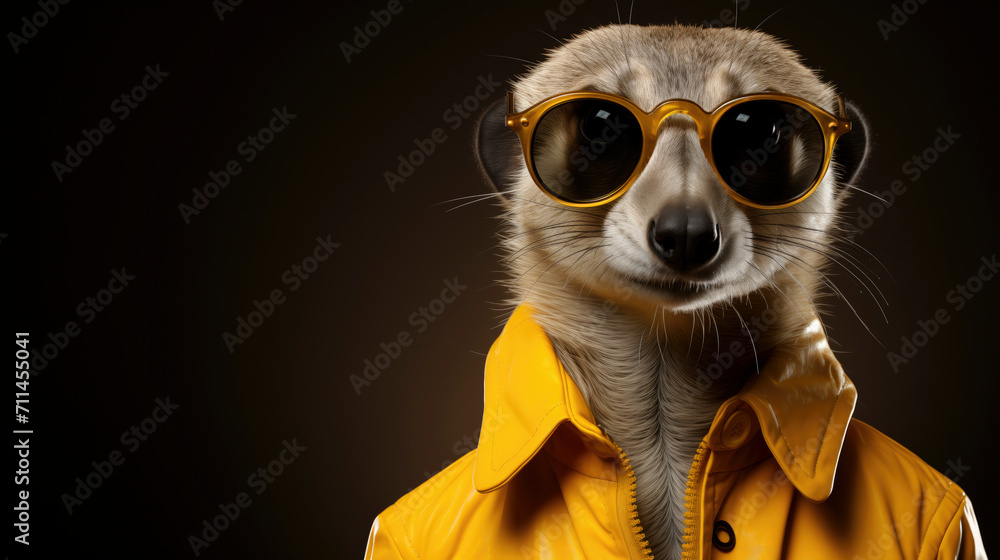 Curious  Meerkat in Yellow Jacket and Sunglasses on black Background
