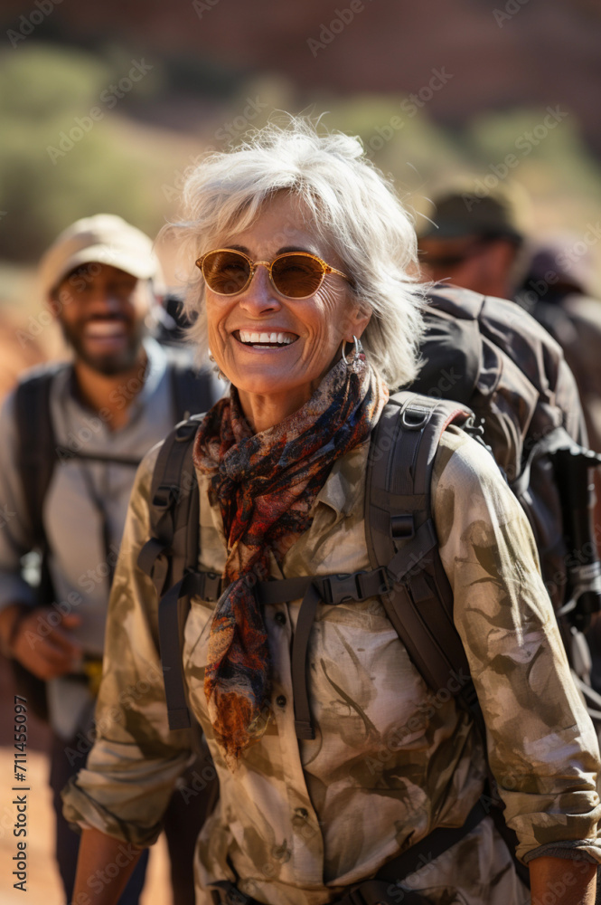 Middle-aged woman tourist with backpack hiking in the mountains