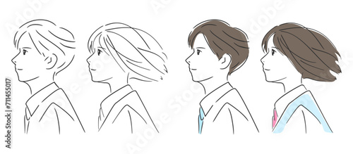 男女の中学生、高校生、女性と男性の横顔、学校や青春用のマンガ風ベクターイラスト素材