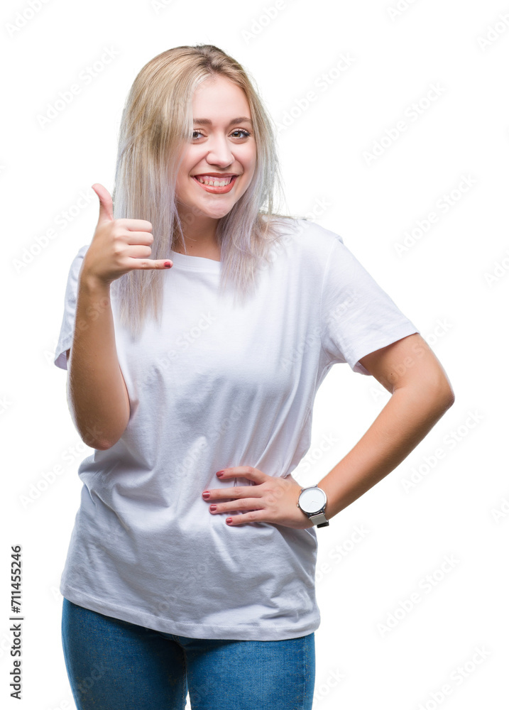 Young blonde woman over isolated background smiling doing phone gesture with hand and fingers like talking on the telephone. Communicating concepts. Young blonde woman over isolated background smiling doing phone gesture with hand and fingers like talking on the telephone. Communicating concepts.