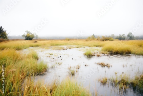 a wetland during a gentle rainfall