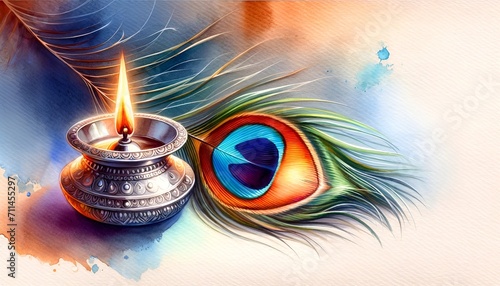 Watercolor illustration of burning oil lamp and peacock feather with copy space for thaipusam.