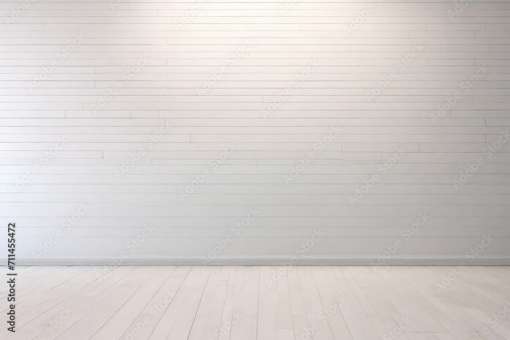 White brick wall and wooden floorbe used as background.