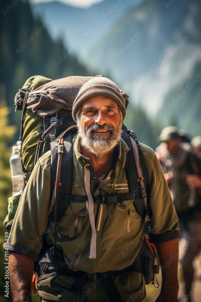 Obraz premium Elderly man with a backpack hiking in the mountains