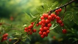 A pristine rowanberry branch with fruits clustered like rubies against vibrant green leaves.