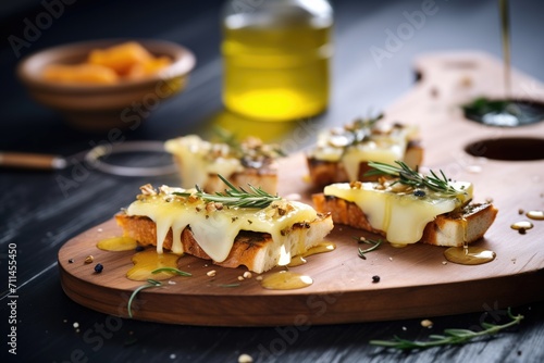 slices of roasted bread with melted aged cheese topping