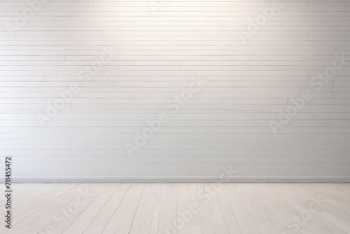 White brick wall and wooden floorbe used as background.