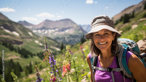 Middle-aged woman tourist with backpack hiking in the mountains © ART_ist