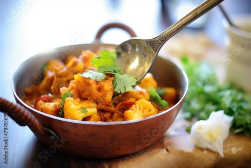 spoon serving aloo gobi from a copper pot photo