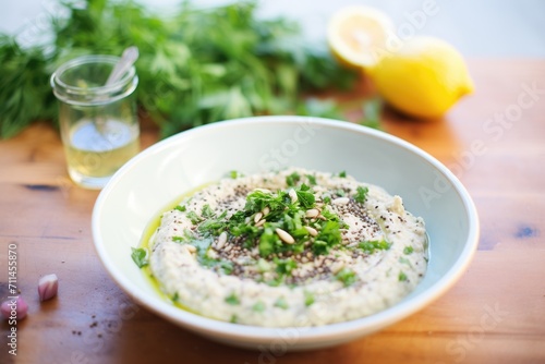 baba ganoush with a drizzle of green olive oil and a sprinkle of zaatar