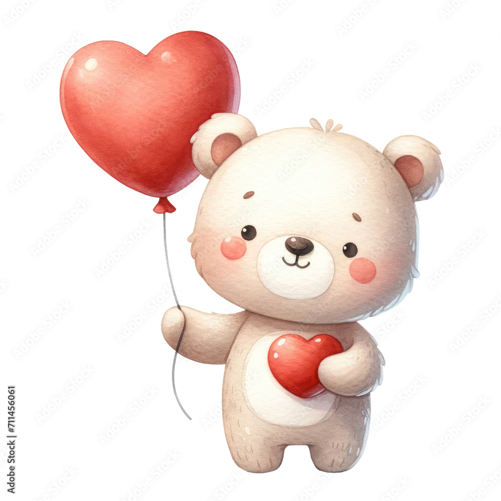 Watercolor cute bear holding a heart balloon. Romantic animal. Valentine's element clipart. Watercolor cute bear holding a heart balloon. Romantic animal. Valentine's element clipart.