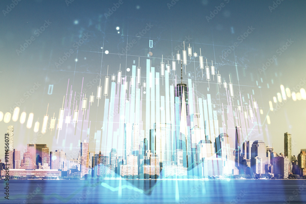 Abstract virtual financial graph hologram on New York cityscape background, financial and trading concept. Multiexposure Abstract virtual financial graph hologram on New York cityscape background, financial and trading concept. Multiexposure