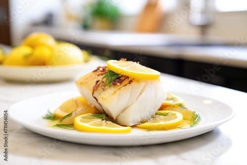 baked cod side view with lemon wedge garnish