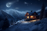 Cozy house in the mountains at night