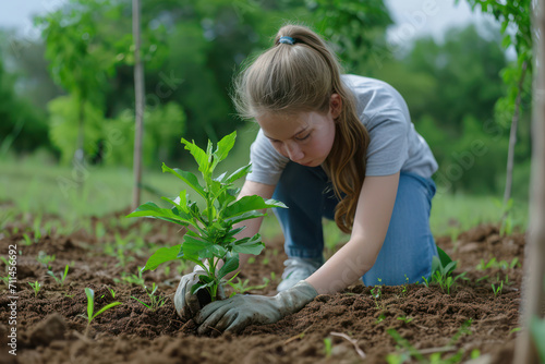 Green Growth and Care: A Young Caucasian Girl Planting Organic Seedling with Responsibility and Joy in a Beautiful Garden
